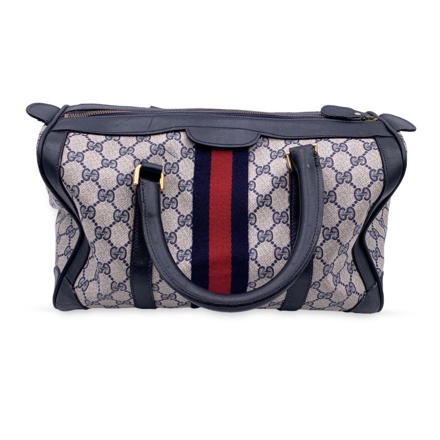 Gucci Blue/Grey GG Canvas Vintage Web Medium Boston Bag w/Shoulder