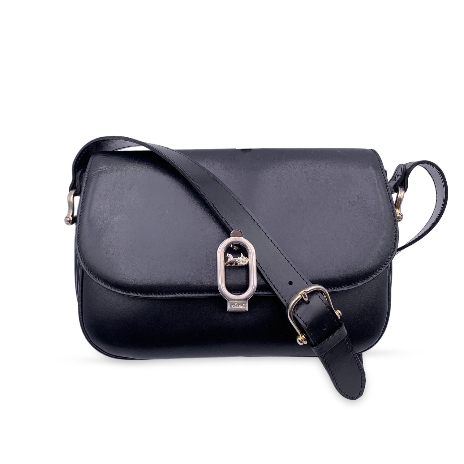 CELINE Vintage Black Leather Caleche Box Shoulder Bag