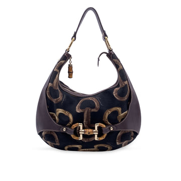 GUCCI Black Brown Canvas Bamboo Horsebit Amalfi Hobo Bag