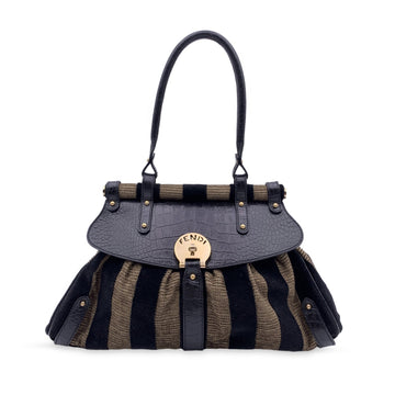 FENDI Black Tan Pequin Magic Striped Velvet Top Handle Bag Handbag