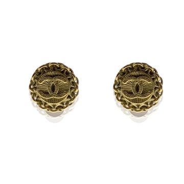 CHANEL Vintage Aged Gold Metal Round Cc Logo Clip On Earrings