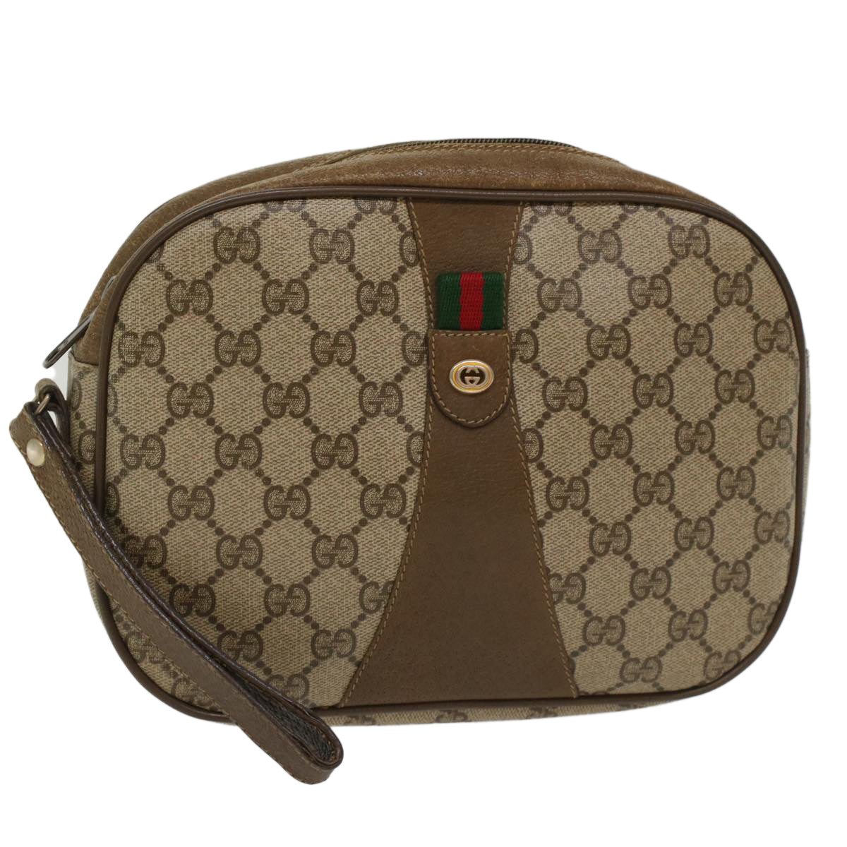 GUCCI GG Canvas Web Sherry Line Clutch Bag PVC Leather Beige Red Auth