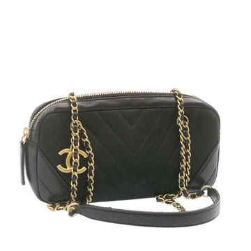 CHANEL Lamb Skin V Stitch Chain Shoulder Bag Black CC Auth fm453A