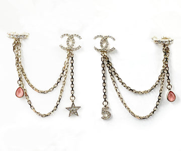 CHANEL Gold CC Crystal Chain Star 5 Cuff Piercing Earrings