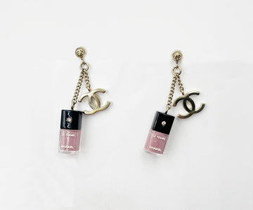 CHANEL Vintage Rare Gold CC Pink Nail Polish Piercing Earrings