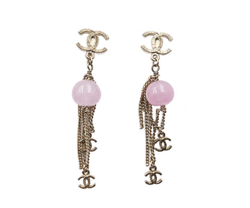 CHANEL Gold CC Pink Stone Chain Drop Clip on Earrings