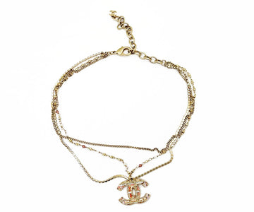 CHANEL Gold CC Pink Stone Pearl Plaid Multi Chain Necklace