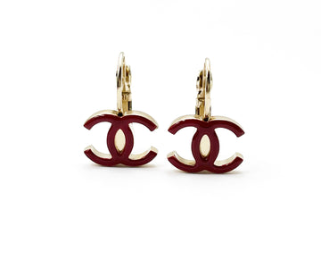 CHANEL Gold Red CC Lever Back Earrings