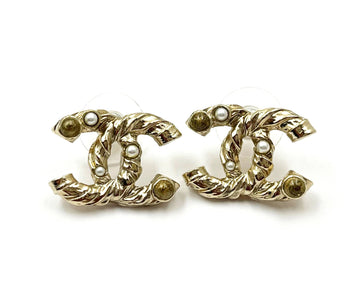 CHANEL Classic Gold Twisted CC Pearl Stone Piercing Earrings