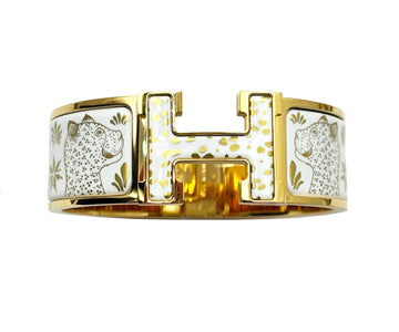 HERMES Brand New Special Edition Gold H White Plaque Les Leopards Clic Clac Bracelet Cuff Bangle