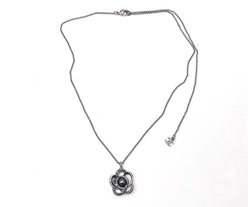 CHANEL Gunmetal CC Open Camellia Pearl Necklace