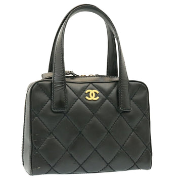 CHANEL Wild stitch Matelasse Hand Bag Leather Black CC Auth am1388gA