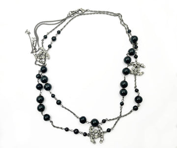 CHANEL Gunmetal CC Flower Black Bead Long Necklace