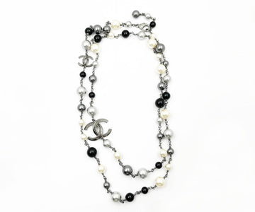 CHANEL Gunmetal Rope CC Black Bead Pearl Necklace