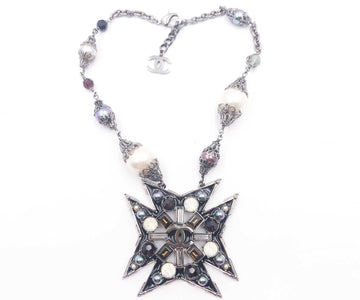 CHANEL Rare Gunmetal Star Multi Color Stone Faux Pearl Necklace