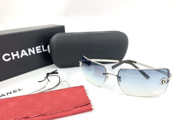 Chanel CC Logo Silver Blue Tinted Rhinestone Sunglasses