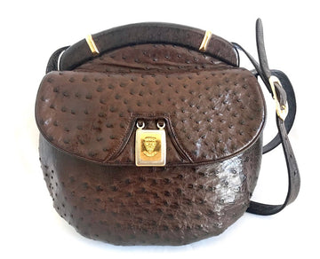 GUCCI Vintage dark brown genuine ostrich leather fisherman bag style shoulder bag with logo embossed motif