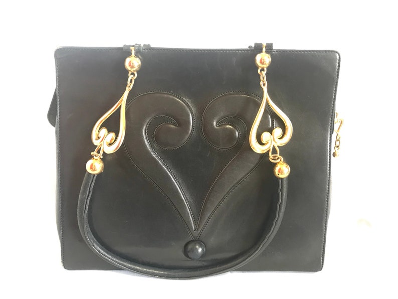 MOSCHINO Vintage black nappa leather tote shoulder bag with iconic hea