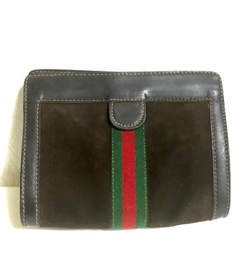GUCCI Vintage brown suede clutch purse with red and green webbing tape and Velcro closure