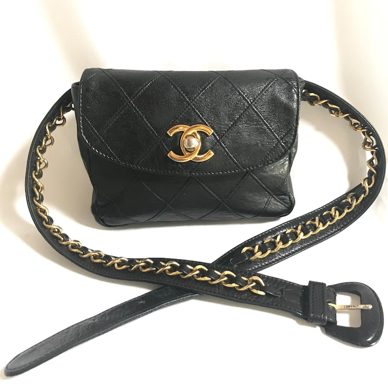 CHANEL Vintage black leather waist purse fanny pack with golden chain