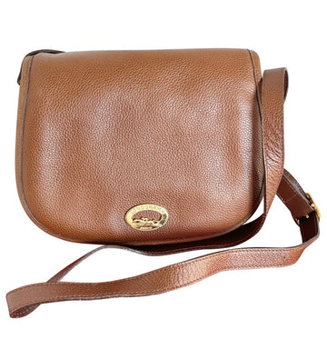 Vintage Longchamp brown leather shoulder bag with golden logo motif. Unisex daily use bag. 050120an4