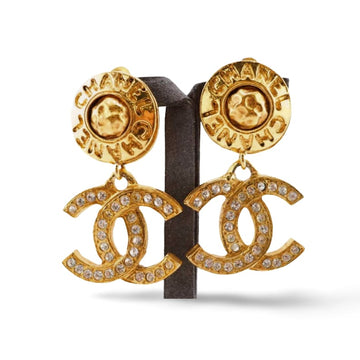 CHANEL Vintage gorgeous dangling earrings with large CC mark and button motif with rhinestone crystals