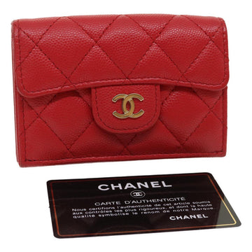 CHANEL Caviar Skin Matelasse Small Flap Wallet Leather Red CC Auth ai650A