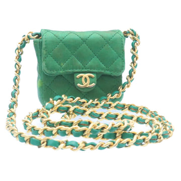 CHANEL Mini Matelasse Chain Pouch Shoulder Bag Satin Green Gold CC Auth jk783A