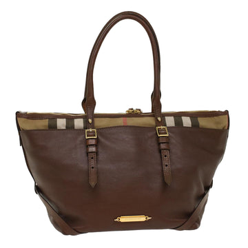 BURBERRY Nova Check Tote Bag Leather Canvas Brown Beige Auth ki3235