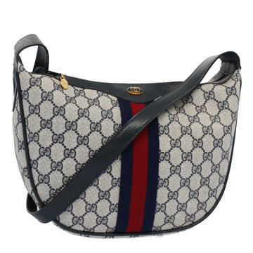 GUCCI GG Canvas Sherry Line Shoulder Bag PVC Leather Gray Navy Red Auth ki3382