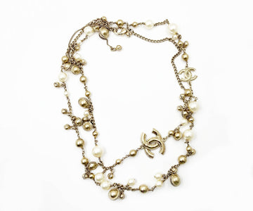 CHANEL Gold CC Bell Pearl Necklace