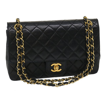 CHANEL Matelasse25 Double Chain Flap Shoulder Bag Lamb Skin Black CC Auth lt482A