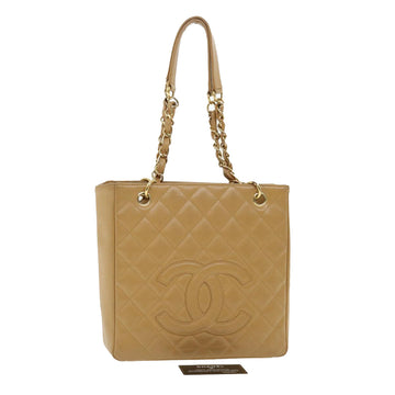 CHANEL Matelasse Chain Tote Bag Caviar Skin PST Beige CC Auth lt672A