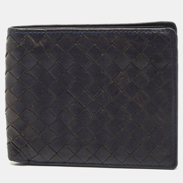 BOTTEGA VENETA Navy Blue Intrecciato Leather Bifold Wallet