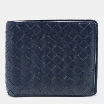 BOTTEGA VENETA Navy Blue Intrecciato Leather Bifold Wallet