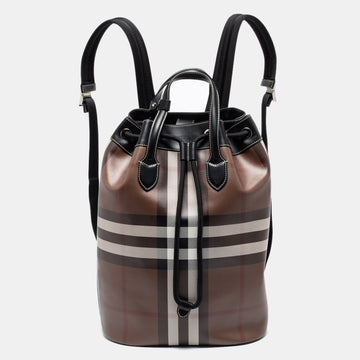 Burberry Brown/Black Check Print Coated Canvas and Leather Drawstring Backpack
