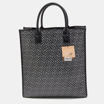 Burberry Black/White TB Print Leather Vertical Denny Tote