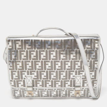 FENDI Silver Perforated FF Mirror Leather Briefcase Bag