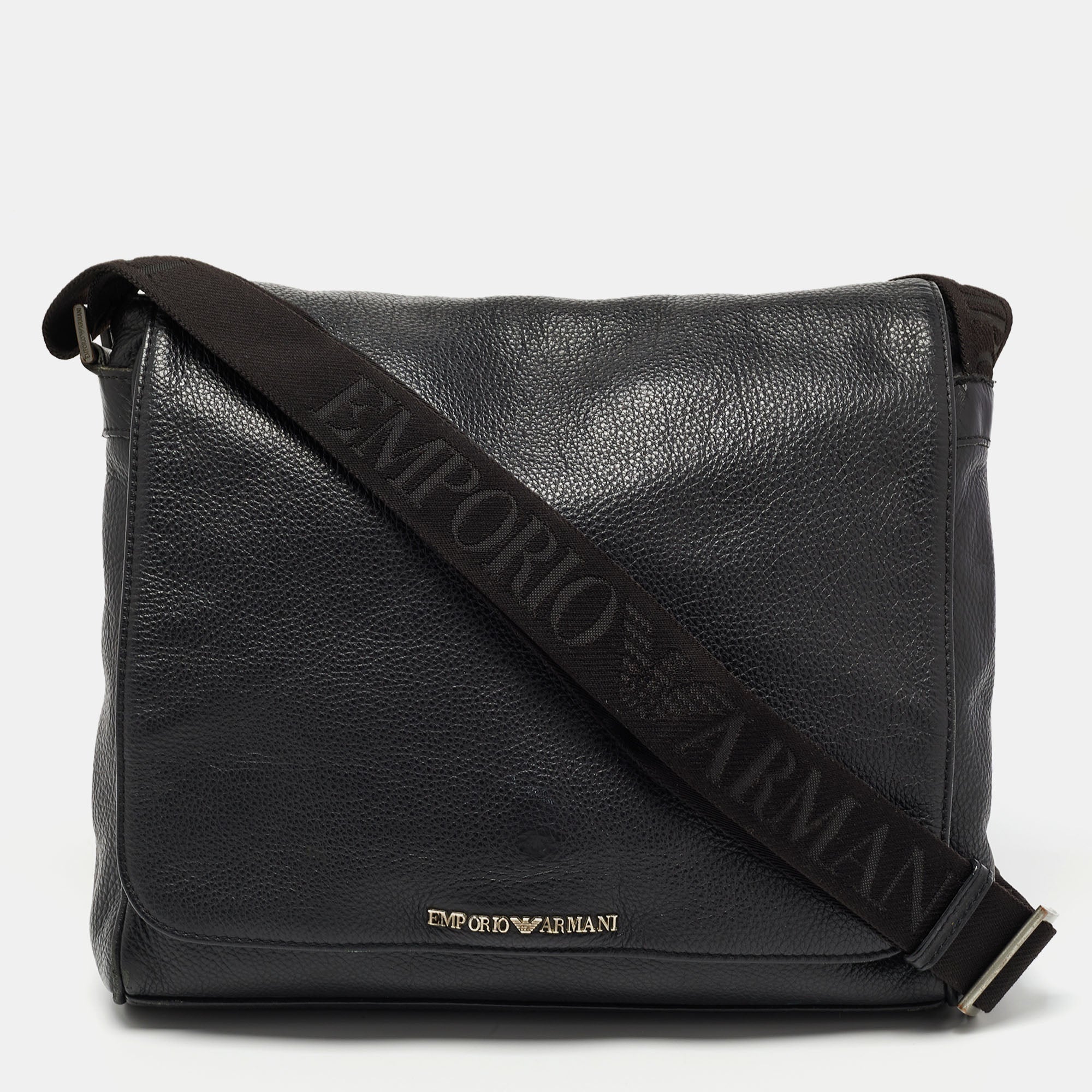 GIORGIO ARMANI Black Leather Logo Flap Messenger Bag