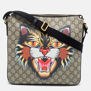 Gucci Beige/Black GG Supreme Canvas And Leather Angry Cat Print Flat Messenger Bag