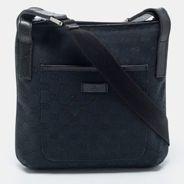 Gucci Black GG  Canvas And Leather Flat Messenger Bag