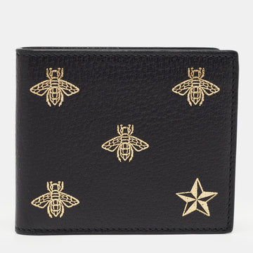 Gucci Black Leather Bee Star Bifold Wallet