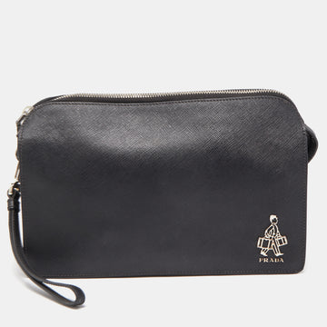 PRADA Black Saffiano Lux Leather Porter Logo Wristlet Clutch