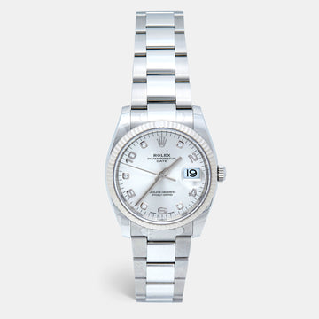 Rolex Silver Diamond 18k White Gold Steel Oyster Perpetual Date 115234-0012 Unisex Wristwatch 34 mm