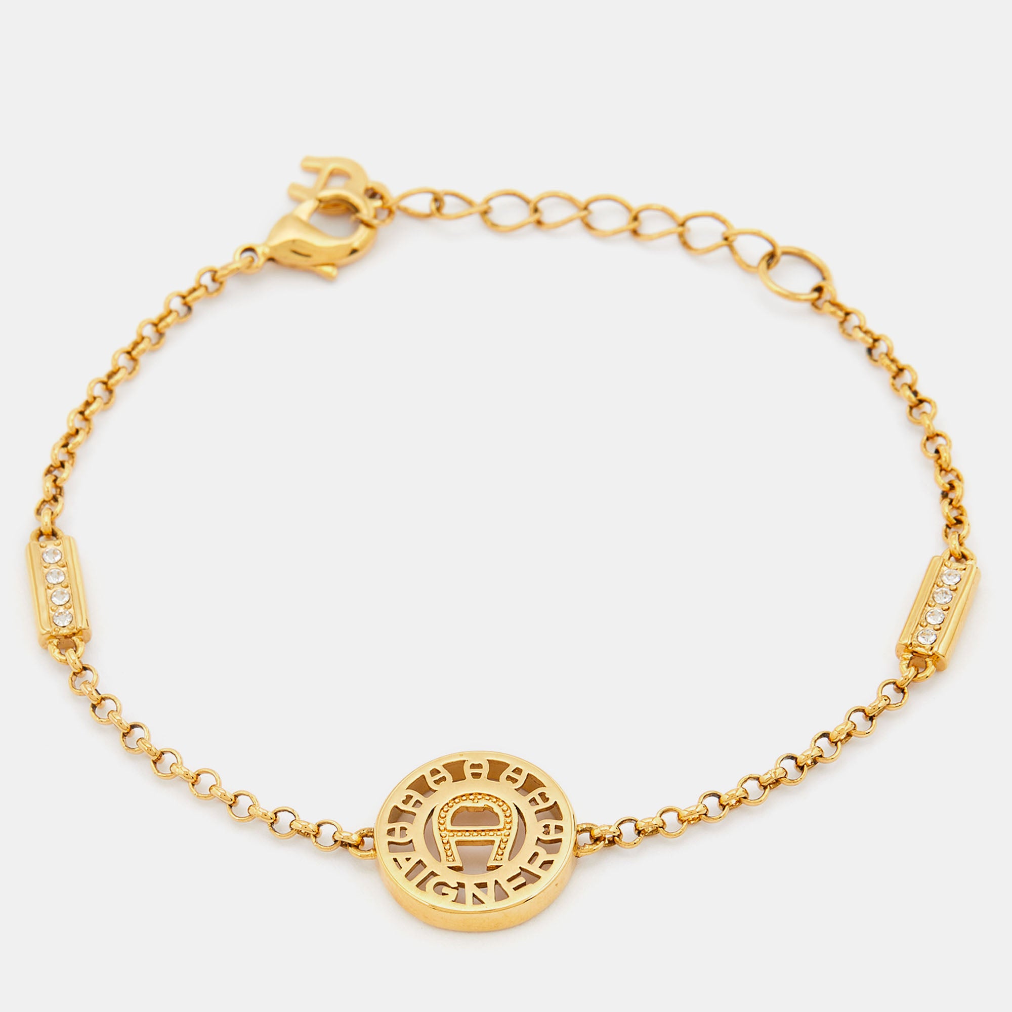 AIGNER Gold Tone Round Logo Crystal Station Detail Bracelet