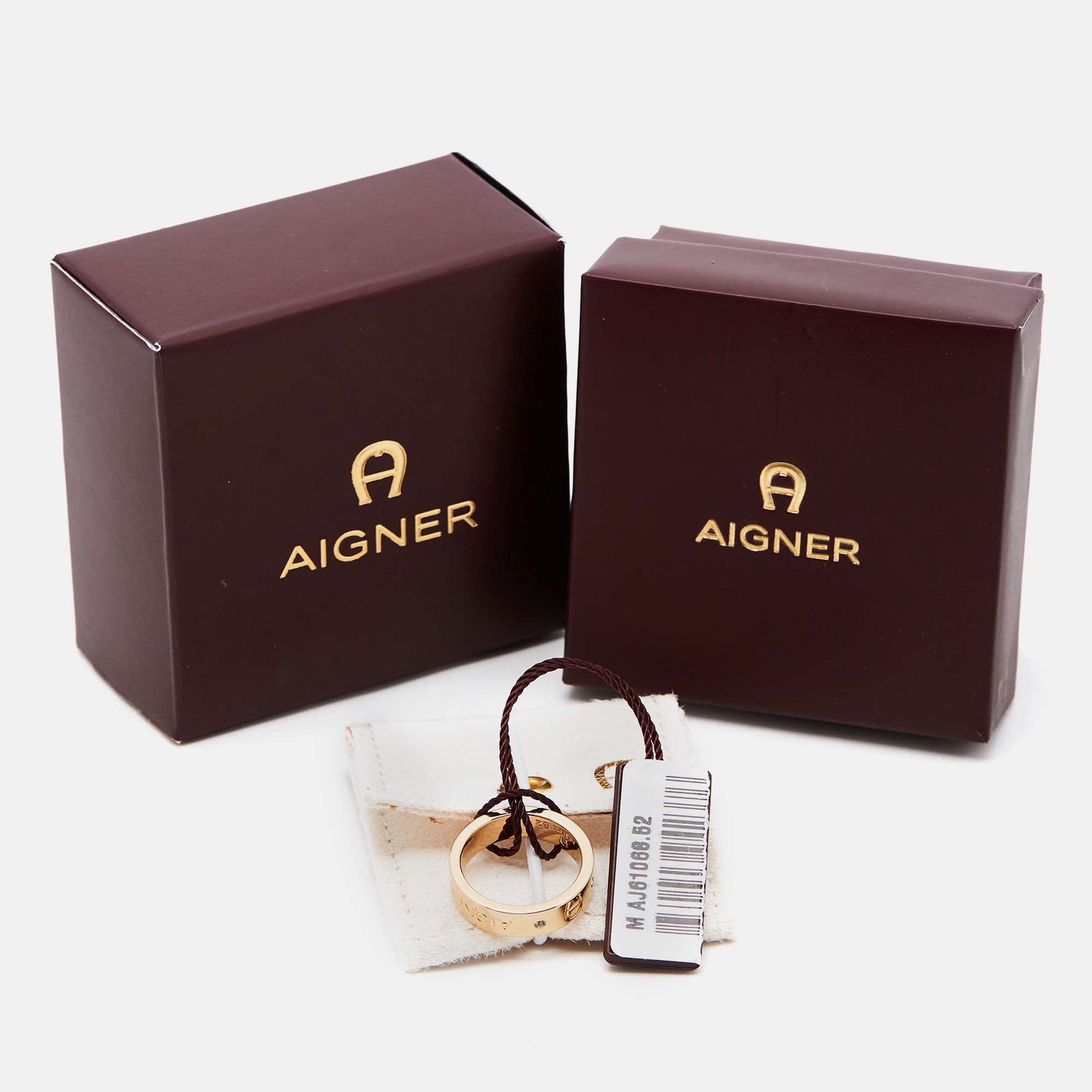 AIGNER Gold Plated Crystal Logo Band Ring Size 52