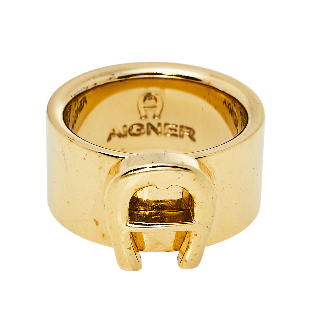 AIGNER Gold Tone Logo Band Ring Size EU 54.5