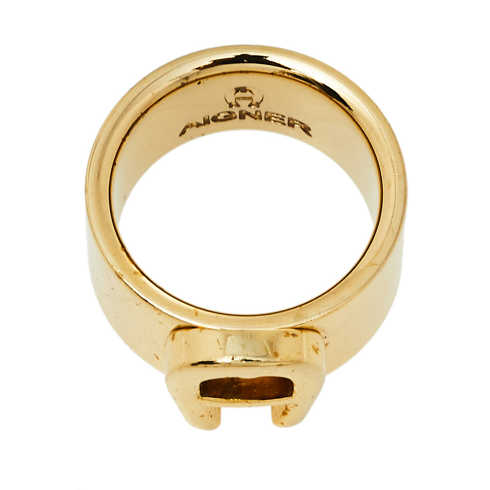 AIGNER Gold Tone Logo Band Ring Size EU 54.5