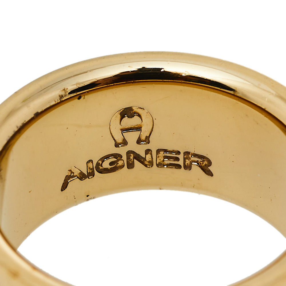 AIGNER Gold Tone Logo Band Ring Size EU 54.5