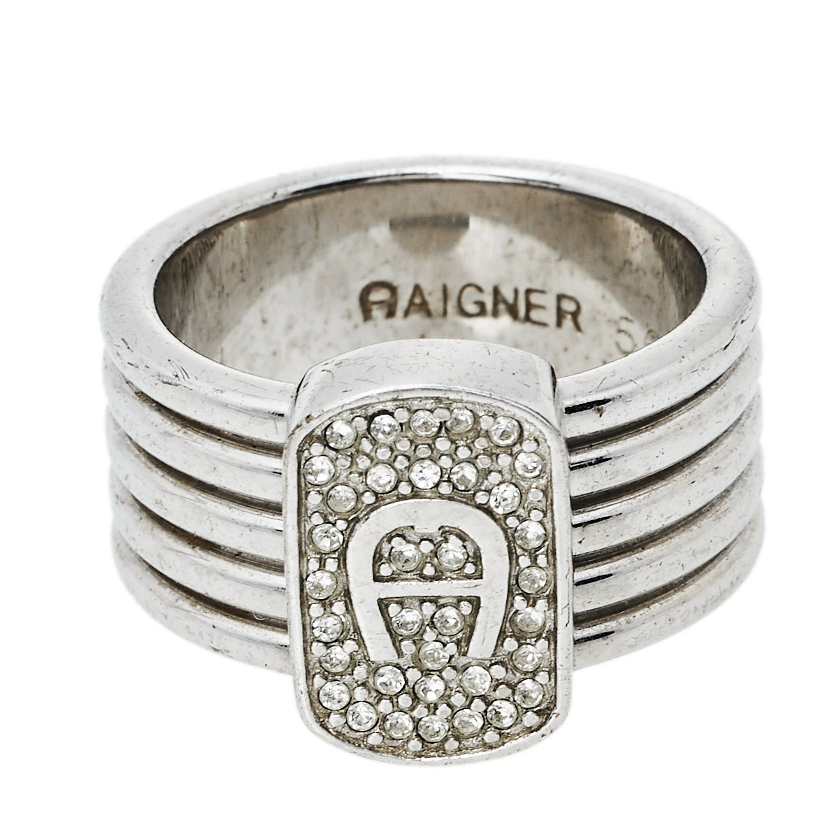 AIGNER Silver Tone Crystal Logo Band Ring Size EU 56